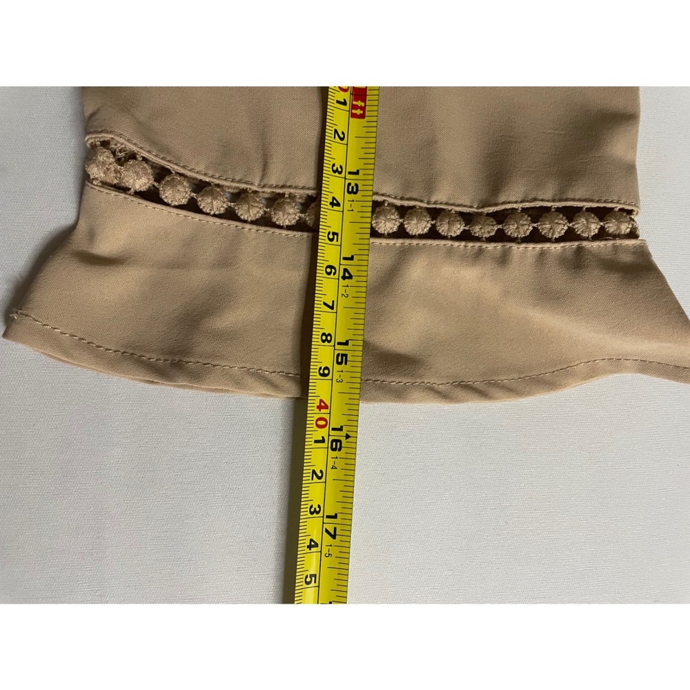 Evaless Tan V-Neck Blouse 3/4 Sleeve Crochet Lace Ruffle Cuff Top - Picture 8 of 10